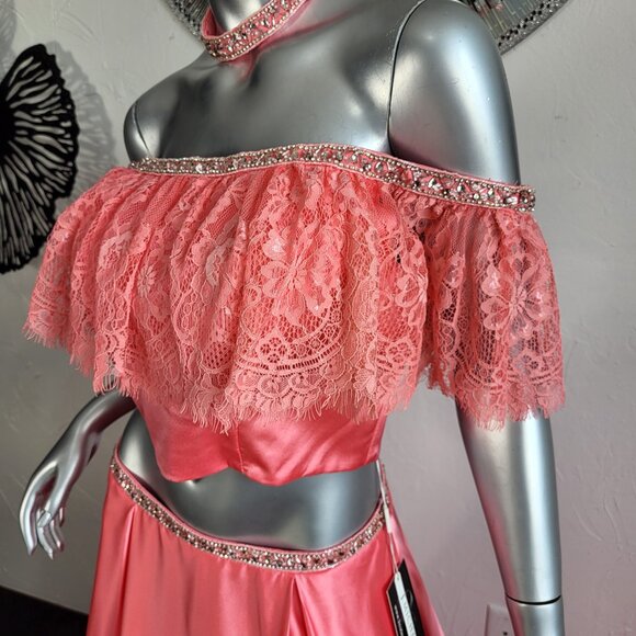 NWT~$495~2CUTE~6/8~CORAL 2 PIECE CROP TOP RHINESTONE BEADED MAXI PROM DRESS - Picture 2 of 16